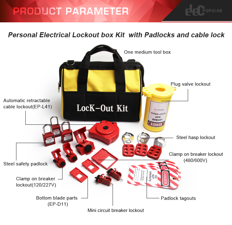 Kit de bolsa de travamento elétrico para segurança pessoal Muti Function com cadeados e trava de cabo